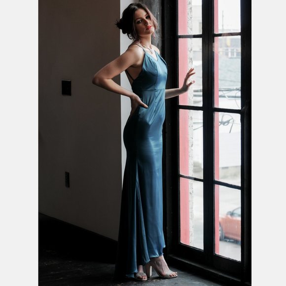 60442 Satin Gown in Merlot and Peacock color - Picture 2 of 10